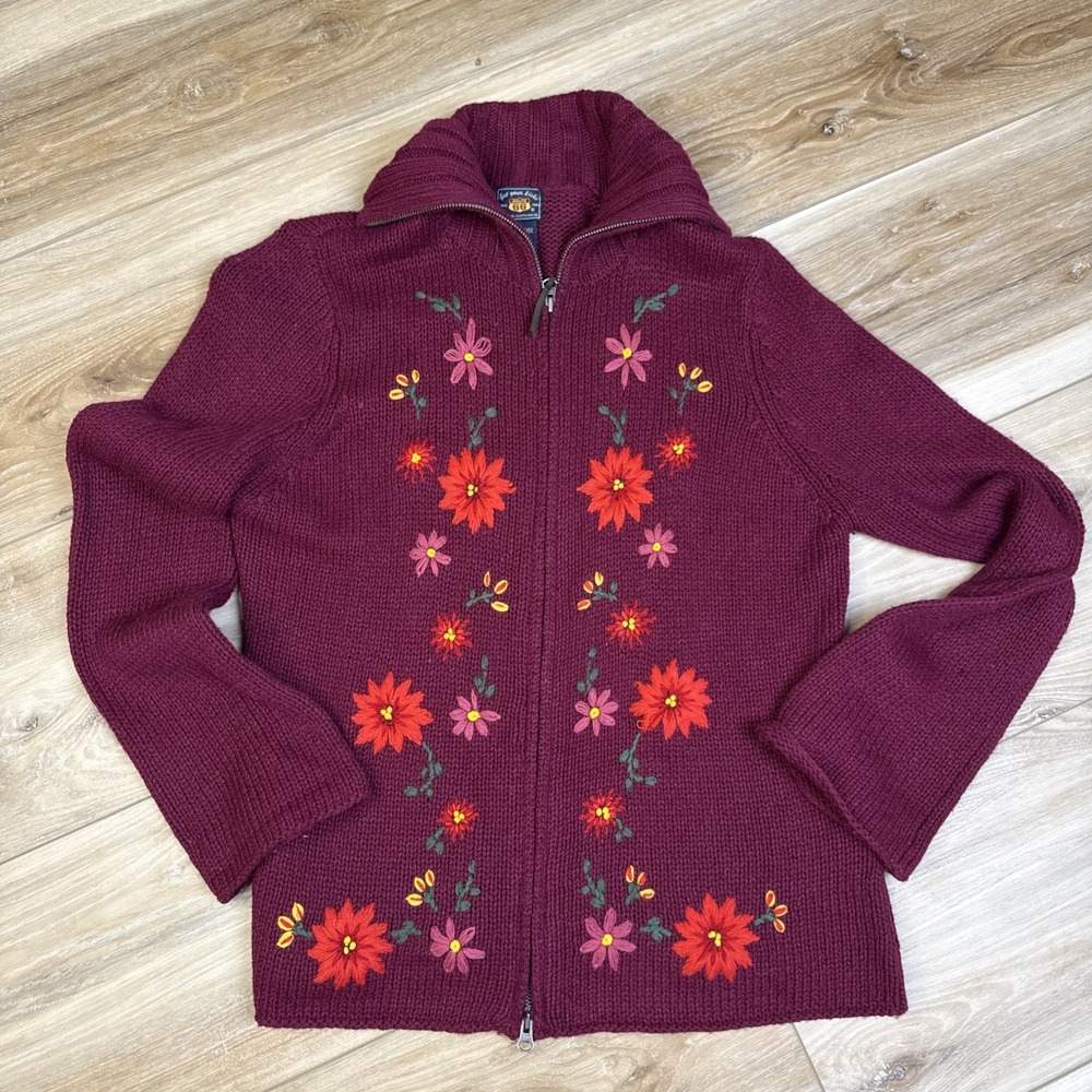VTG Y2K Route 66 Burgundy Wool Blend Embroidered Floral Full-Zip Cardigan Large
